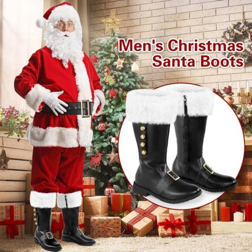 Men Black Buckle Strap and Bell Premium Faux Leather Wide Calf Santa Combat Boot - Picture 5 of 7